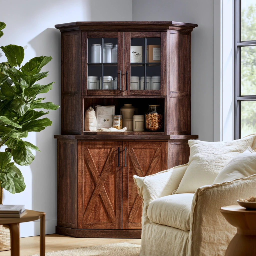 Pedestaldiningco wooden corner pantry cabinet in light brown, ideal for home organization in living room or kitchen.