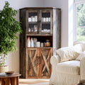 Dark wood corner pantry cabinet with light brown wooden doors for home organization in a cozy living space.