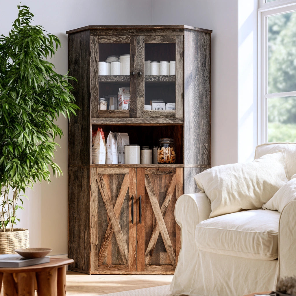 Dark wood corner pantry cabinet with light brown wooden doors for home organization in a cozy living space.