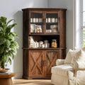 Dark wood corner pantry cabinet from PedestalDiningCo in light brown, designed for home organization in living and kitchen spaces.