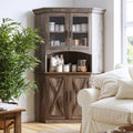 Dark wood corner pantry cabinet with light brown wooden doors, ideal for home organization in living or kitchen spaces.