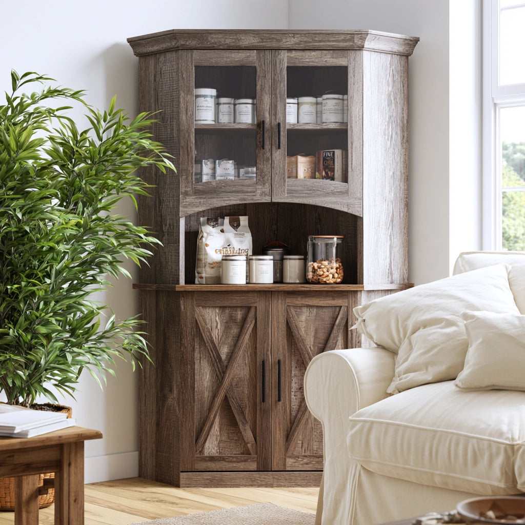 Dark wood corner pantry cabinet with light brown wooden doors, ideal for home organization in living or kitchen spaces.