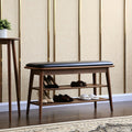 Dark wood shoe bench with black leather top, padded entryway storage seat from PedestalDiningCo for home and garden.