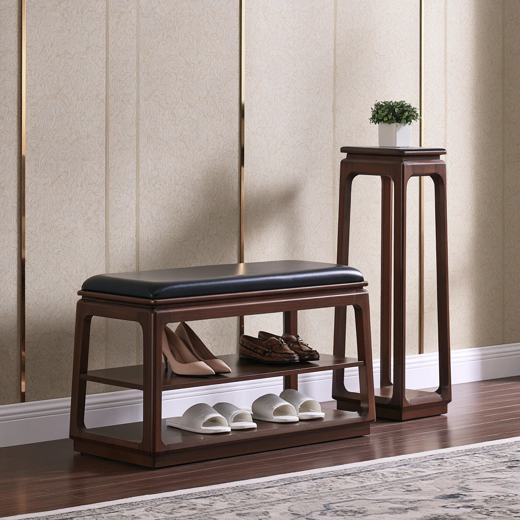 Dark wood shoe bench with black leather top, padded porta scarpe for home entryway, by PedestalDiningCo.