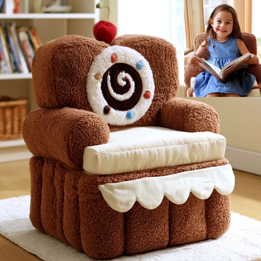 Gray children's chair by PedestalDiningCo, detailed view of a cozy, chocolate cake-themed kids' furniture piece for home and garden.