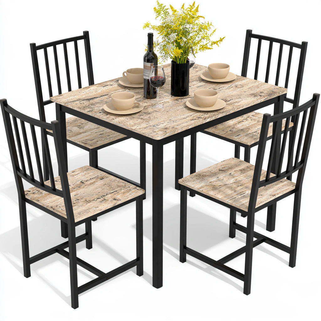 Gray dining table set with a rectangular table and four matching side chairs, ideal for home dining rooms.