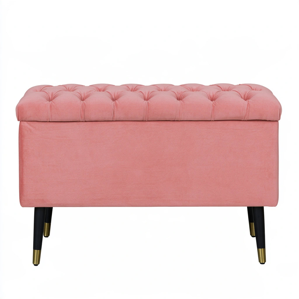 Pink velvet storage bench by Pedestaldiningco, cozy seating with a soft, dusty rose color for living room or home decor.