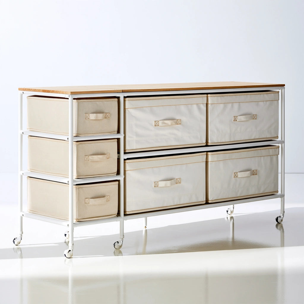 Light brown fabric-covered vertical dresser with a light wood top panel, ideal for bedroom storage in home and garden decor.