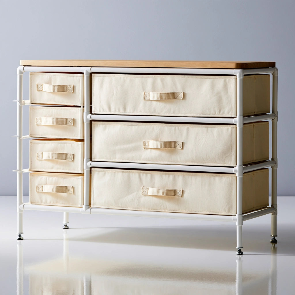 Light wood top fabric-covered vertical dresser from PedestalDiningCo in light brown, ideal for bedroom storage and organization.