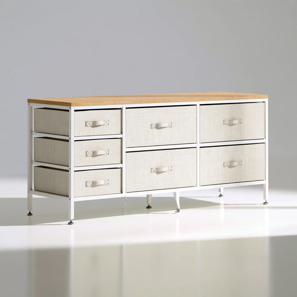 Light wood topped fabric storage dresser by PedestalDiningCo, vertical chest of drawers in light brown for bedroom organization.