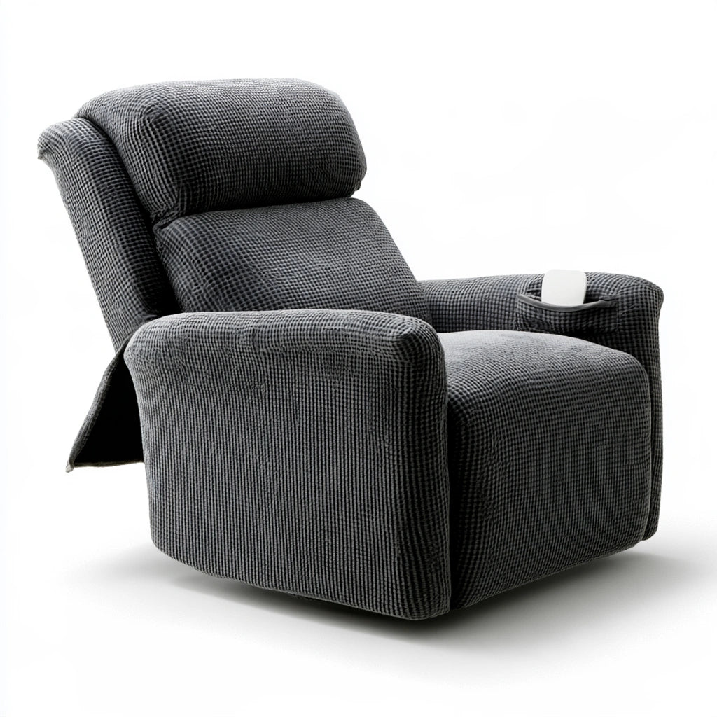 Dark grey elasticized chair slipcover by PedestalDiningCo fitted on a standard recliner, showcasing textured fabric for home and garden.