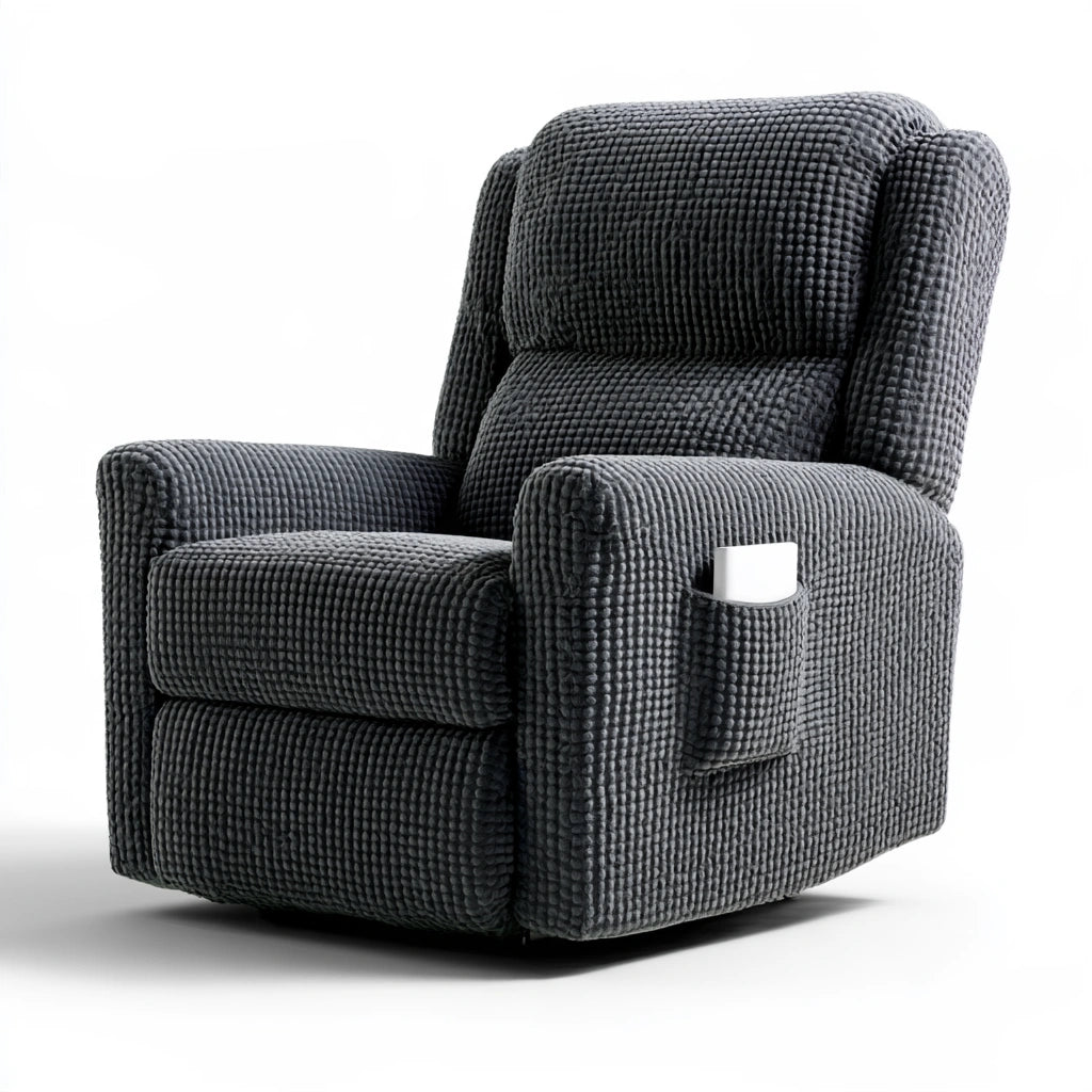 Dark grey elasticized chair slipcover on a standard recliner, textured fabric, fits seat and back for a stylish home and garden look.