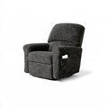 Dark grey elasticized chair slipcover on a standard recliner, textured fabric, designed for home and garden furniture.