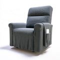Dark grey elasticized chair slipcover on standard recliner, textured fabric, by PedestalDiningCo for home and garden furniture.