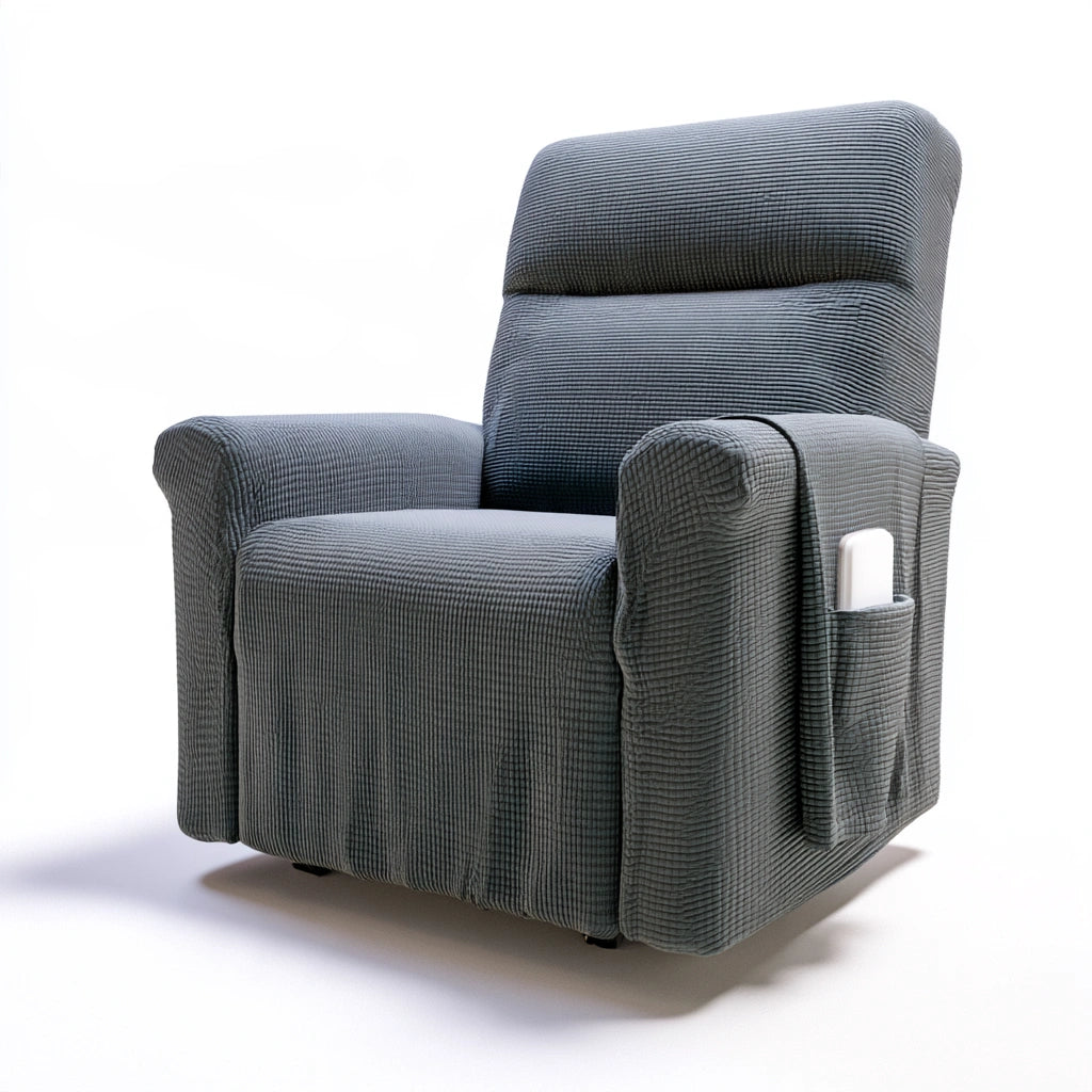 Dark grey elasticized chair slipcover on standard recliner, textured fabric, by PedestalDiningCo for home and garden furniture.